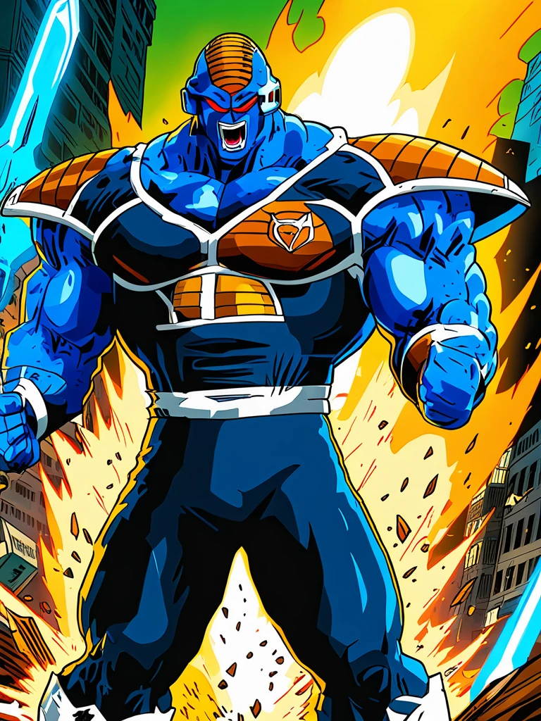 Burter stands in the wilderness, his rage igniting a surge of energy that tears his upper armor to shreds. The raw force reveals his sculpted, blue-hued muscles, a display of his physical might and uncontrollable power.