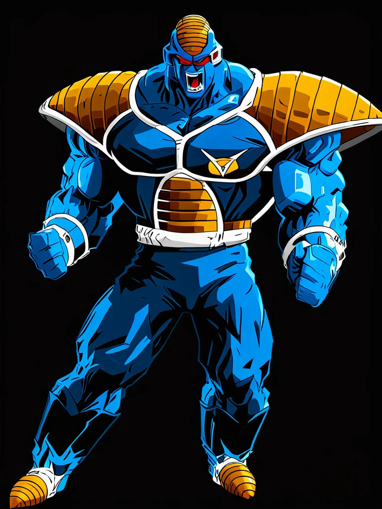 Burter stands in the wilderness, his rage igniting a surge of energy that tears his upper armor to shreds. The raw force reveals his sculpted, blue-hued muscles, a display of his physical might and uncontrollable power.