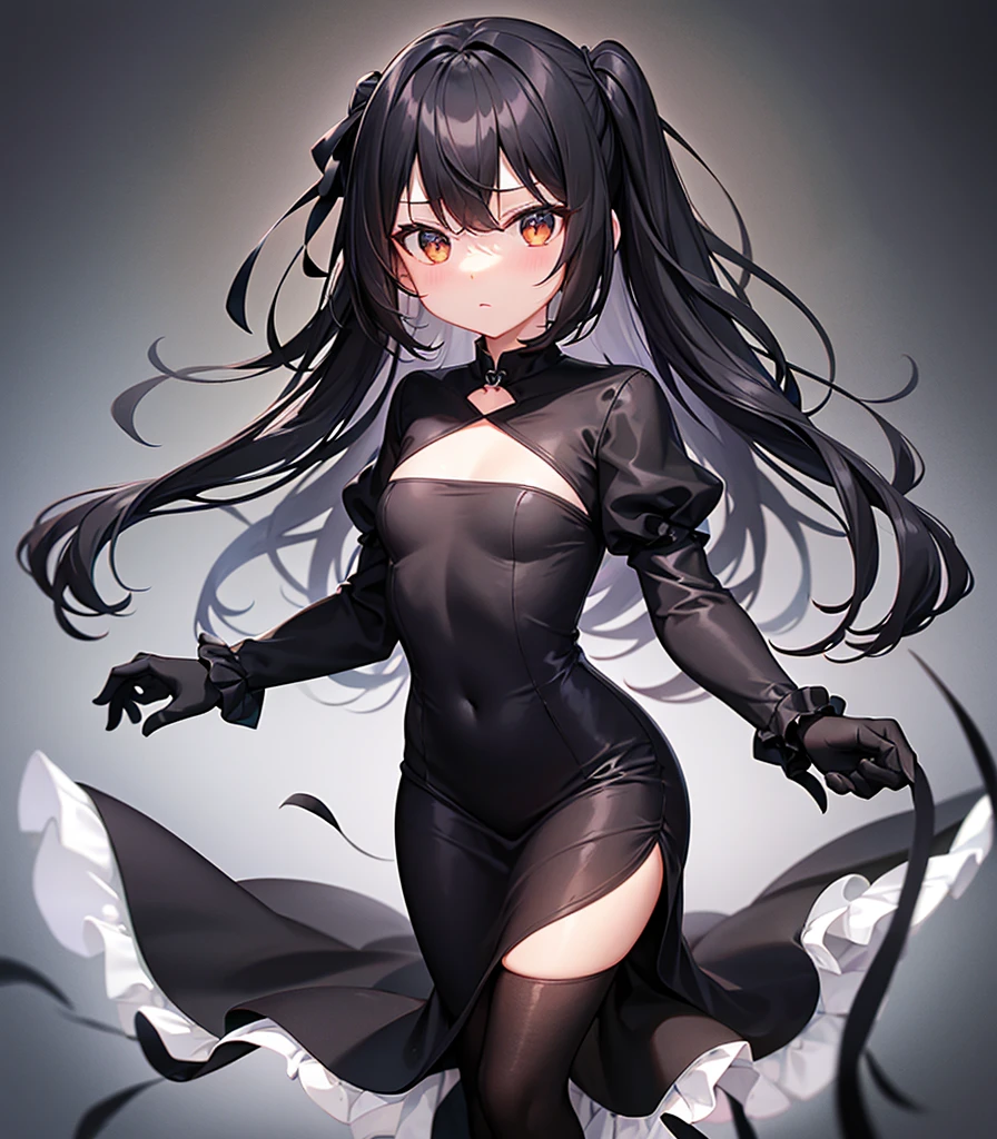 (((Black elegant dress))),(In a naughty way),Cute little loli,Tiny Lori,Small girl,,Childish face, Very fine clean face,Top quality, Big eyes,Straight Hair,Yellow hair,Crimson Eye,(Dark Room), Subtle light, Natural light,Soft lighting,Light from directly behind, (Are standing), Cute pose, (Open your hands), Showing the whole body,Front view,Black background