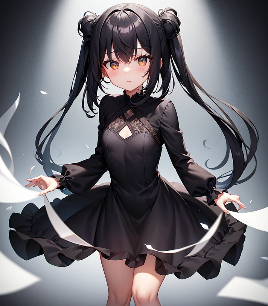 (((Black elegant dress))),(In a naughty way),Cute little ,Tiny Lori,Small girl,,Childish face, Very fine clean face,Top quality, Big eyes,Straight Hair,Yellow hair,Crimson Eye,(Dark Room), Subtle light, Natural light,Soft lighting,Light from directly behind, (Are standing), Cute pose, (Open your hands), Showing the whole body,Front view,Black background