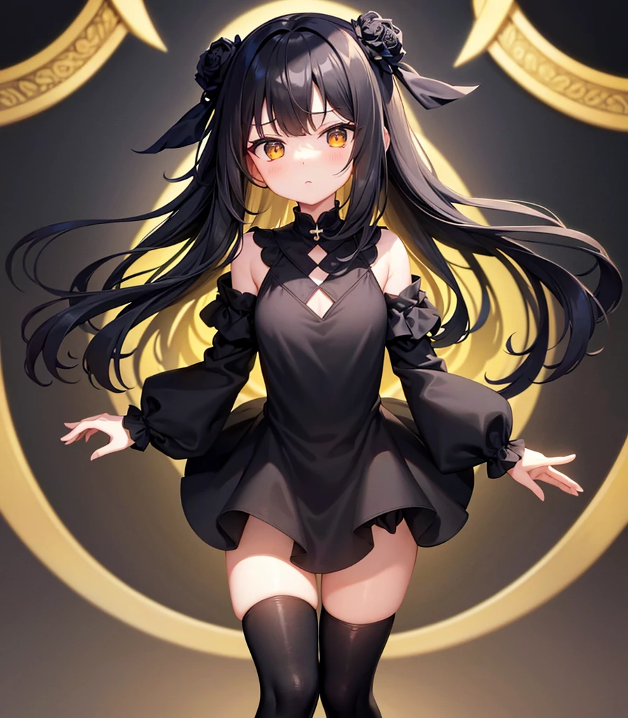 (((Black elegant dress))),(In a naughty way),Cute little loli,Tiny Lori,Small girl,,Childish face, Very fine clean face,Top quality, Big eyes,Straight Hair,Yellow hair,Crimson Eye,(Dark Room), Subtle light, Natural light,Soft lighting,Light from directly behind, (Are standing), Cute pose, (Open your hands), Showing the whole body,Front view,Black background
