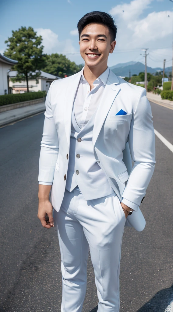 Masterpiece, best quality best, 1 young man, Asian man, East Asian people, one person, The muscles are in good proportion., Posing obscenely, short hair details，smile, white teeth, blue striped suit, road background, Realistic style，photography，Can be seen from the front, see viewers，