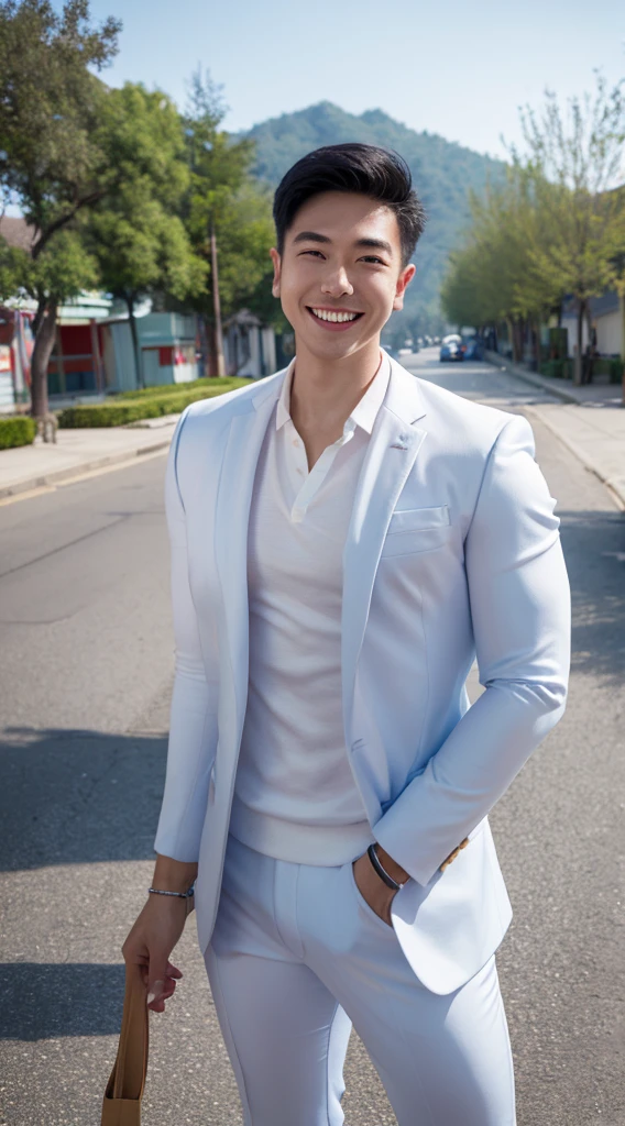 Masterpiece, best quality best, 1 young man, Asian man, East Asian people, one person, The muscles are in good proportion., Posing obscenely, short hair details，smile, white teeth, blue striped suit, road background, Realistic style，photography，Can be seen from the front, see viewers，