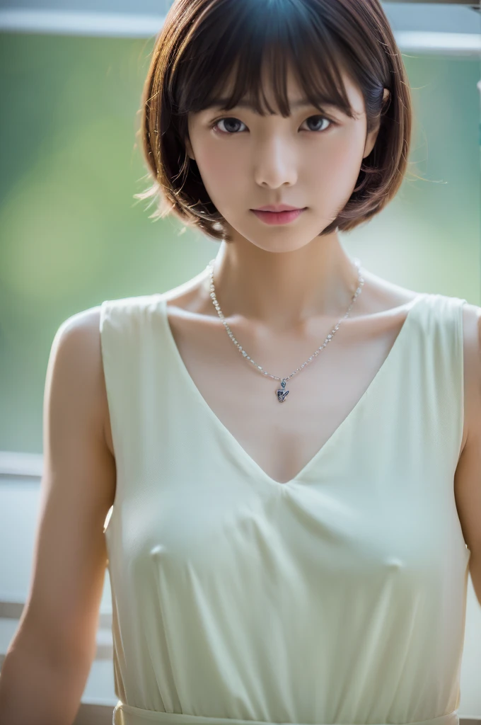 (Highest quality、8K、32k、masterpiece、Hmph:1.2)、Cute Japanese Women Photos、Very short bob hair、Upper Body、necklace、Shooting from above、Don'Don'Don't look at the audience、(Realistic、Photorealistic:1.37)、1 Girl、Photographed in natural light、Physically Based Rendering、Excellent image quality、High resolution、1080P、(Detailed facial depiction)、(Detailed description of the hands)、(Detailed CG)、Rich details、(exquisite features)、(Best image quality)、(masterpiece)、(Detailed eyes)、Delicate clavicle、Various poses、profile、White wall、In front of a white door、(窓のあるWhite wallの部屋)、Earrings、Laughter、Spring Clothes、 Shortcuts、short hair、((White blouse))、((Highlighted Hair))、((Put a mesh in the hair))