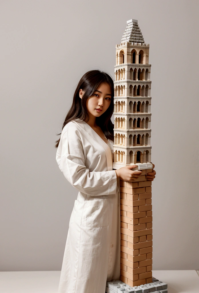 "A beautiful young woman in a Japanese , standing and holding a lightweight brick on top of a stack of lightweight bricks with a 'SDCon' stamp, all bricks are white. The background features the white Leaning Tower of Pisa."
