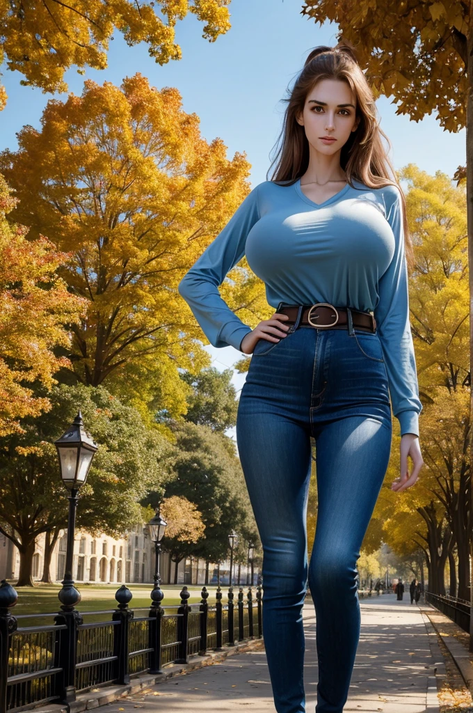 medium cowboy shot, professional photograph, (Jordan Carver:Natalie Portman:0.1), aged 18, young, inquisitive, cute, looking away, (giant tall skinny lanky woman:1.45), sfw, (slim slender arafed narrow woman:1.45), soft lighting, hidden symmetric breasts, denim jeans, long pale tucked-in long-sleeved cotton t-shirt, belt, detailed beautiful bright symmetric eyes, old city park, trees, standing, (near a stone arch bridge over a stony creek:0.8), antique lamppost, sky, auburn hair, autumn leaves, (big huge enormous massive colossal gigantic breasts:1.4), (hair tied back), (big flowing extremely long hair), bangs, outside, canon 5d, (bursting breasts), (skindentation:1.25), cleavage