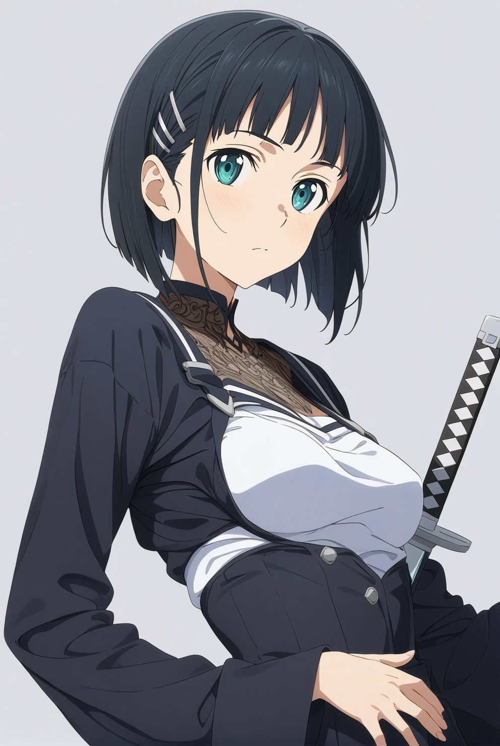 (masterpiece), (best quality), (ultra-detailed), very aesthetic, illustration, perfect composition, intricate details, absurdres, detailed face, (intricate:2),1girl, (kirigaya suguha, sword art online, green eyes, short hair, black hair, medium breasts), nipple,perfect face, 4k, extremely detailed anime illustration,, enhanced details,cowboy shot,perfect anatomy,smooth skin, (gray background), cristal clear eyes, beautiful face,(anime style:0.8), (highres),