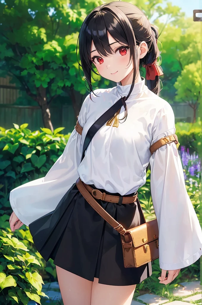 (masterpiece; best quality: 1.2), (finely detailed eyes: 1.3), ((10 year old female ???)), ((solo)), (red eyes: 1.4), (body; short, slender, small breasts: 1.3), (black hair in ponytail: 1.3), (beautiful and clear background: 1.2), ((depth of field)), (clothes: wanderer mage attire + white-and-gold wide-sleeve high-neck shirt + long black skirt + belts + traveler pouches and satchel: 1.3), (anime illustration: 1.2), (background; garden exterior: 1.1), (extremely fine and beautiful: 1.1), (shot composition; standing + centered on torso + close-up: 1.5), (expression; calm, smile: 1.2)
