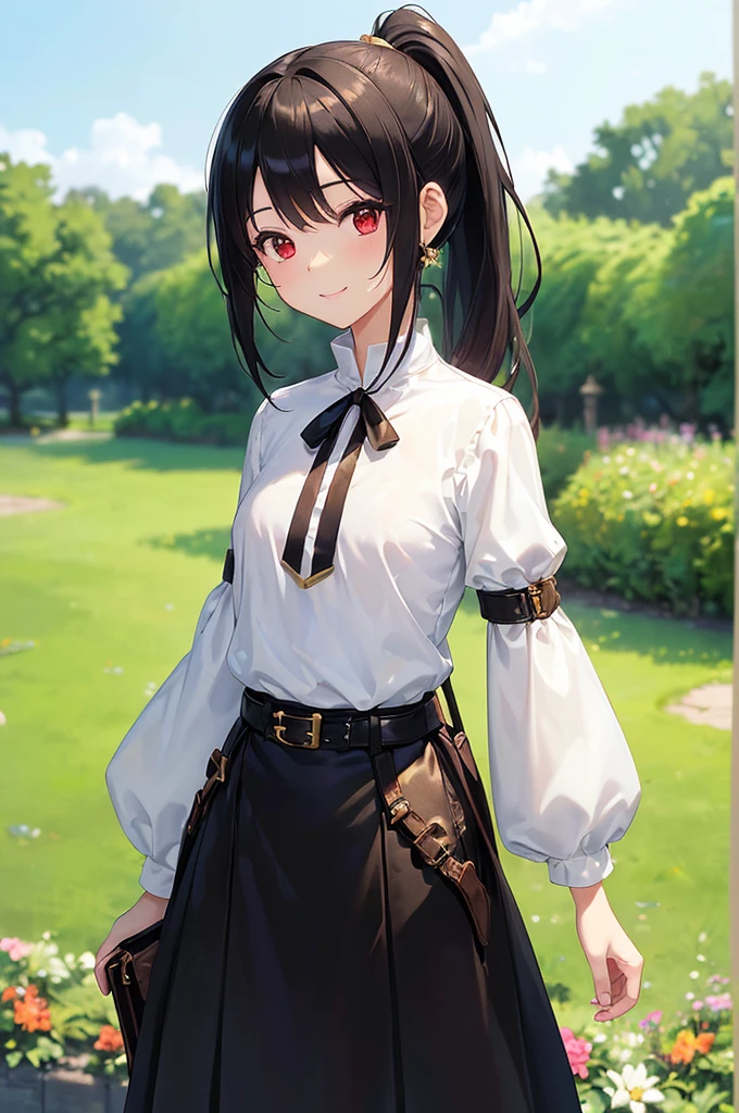 (masterpiece; best quality: 1.2), (finely detailed eyes: 1.3), ((10 year old female kid)), ((solo)), (red eyes: 1.4), (body; short, slender, small breasts: 1.3), (black hair in ponytail: 1.3), (beautiful and clear background: 1.2), ((depth of field)), (clothes: wanderer mage attire + white-and-gold wide-sleeve high-neck shirt + long black skirt + belts + traveler pouches and satchel: 1.3), (anime illustration: 1.2), (background; garden exterior: 1.1), (extremely fine and beautiful: 1.1), (shot composition; standing + centered on torso + close-up: 1.5), (expression; calm, smile: 1.2)