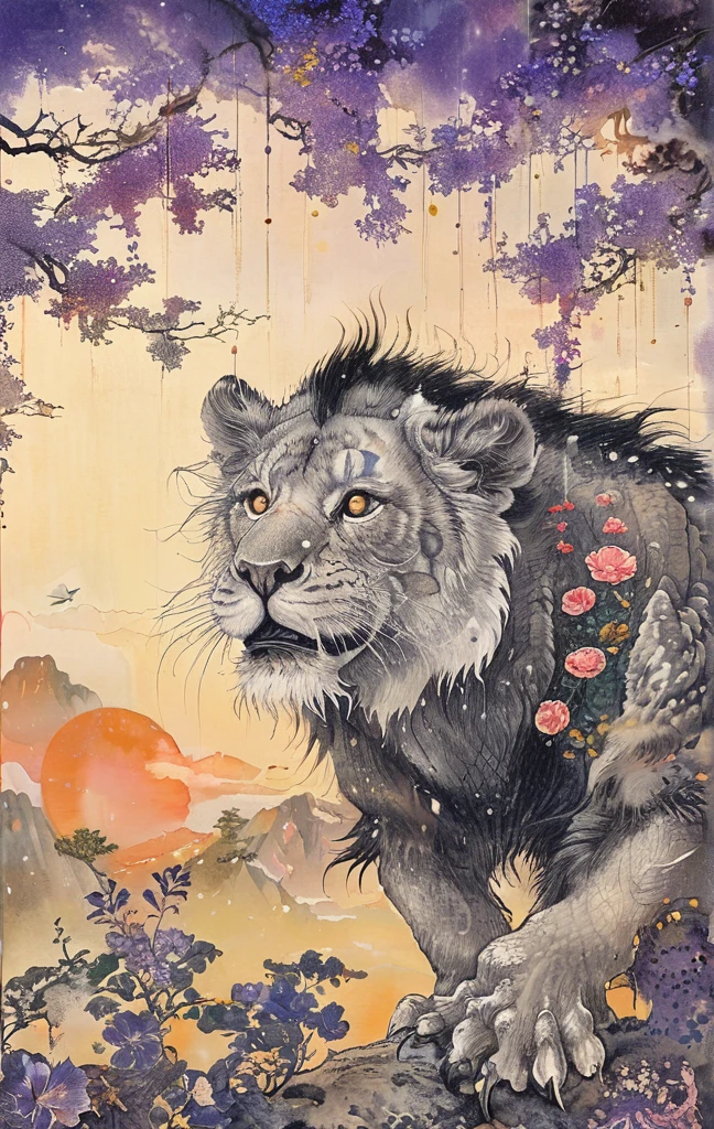 A white dragon lies in the middle of an endless field of purple flowers., Snow Capped Mountain々and、Golden sunset light surrounded by sparkling blue sky. The whole scene is filled with a dream-like atmosphere., Vibrant colors and detailed background elements are rendered in high resolution、Highly detailed in the highest quality illustration style。. Girl with black hair and white eyes, Dressed in darkness , Standing next to an anthropomorphic lion, The two and are looking at the camera. The background features an intricate pattern of flowers and leaves.., Black and, Shooting from a low angle, High resolution and high definition, masterpiece