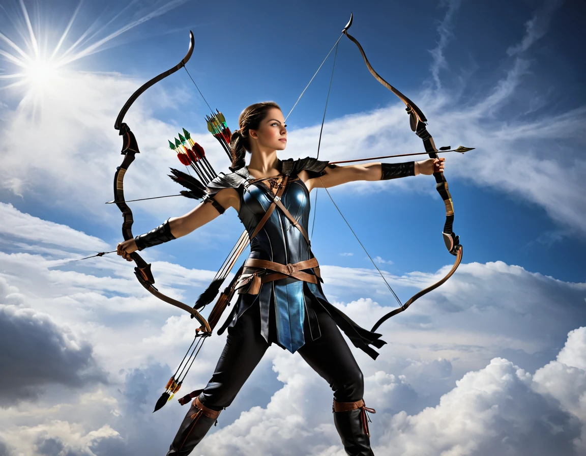 Une archère s'envole dans un ciel radieux, a bow stretched in hand,  an arrow has just been released,  Side view , pose dynamique 