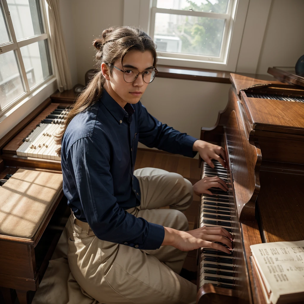 Handsome teenager with a good figure, Wear big glasses, Japan East, Long hair in a bun on the head , Take pictures from a height of 45 degrees., vintage room, Realistic style, 4K, happy in sight, Very focused on piano, professional photography, good composition, Wear a loose navy blue shirt., charming, Natural light from the window, The window outside is a forest., He was playing the piano intently., White Pomeranian on the ground. Look at the piano.., Artist's feelings