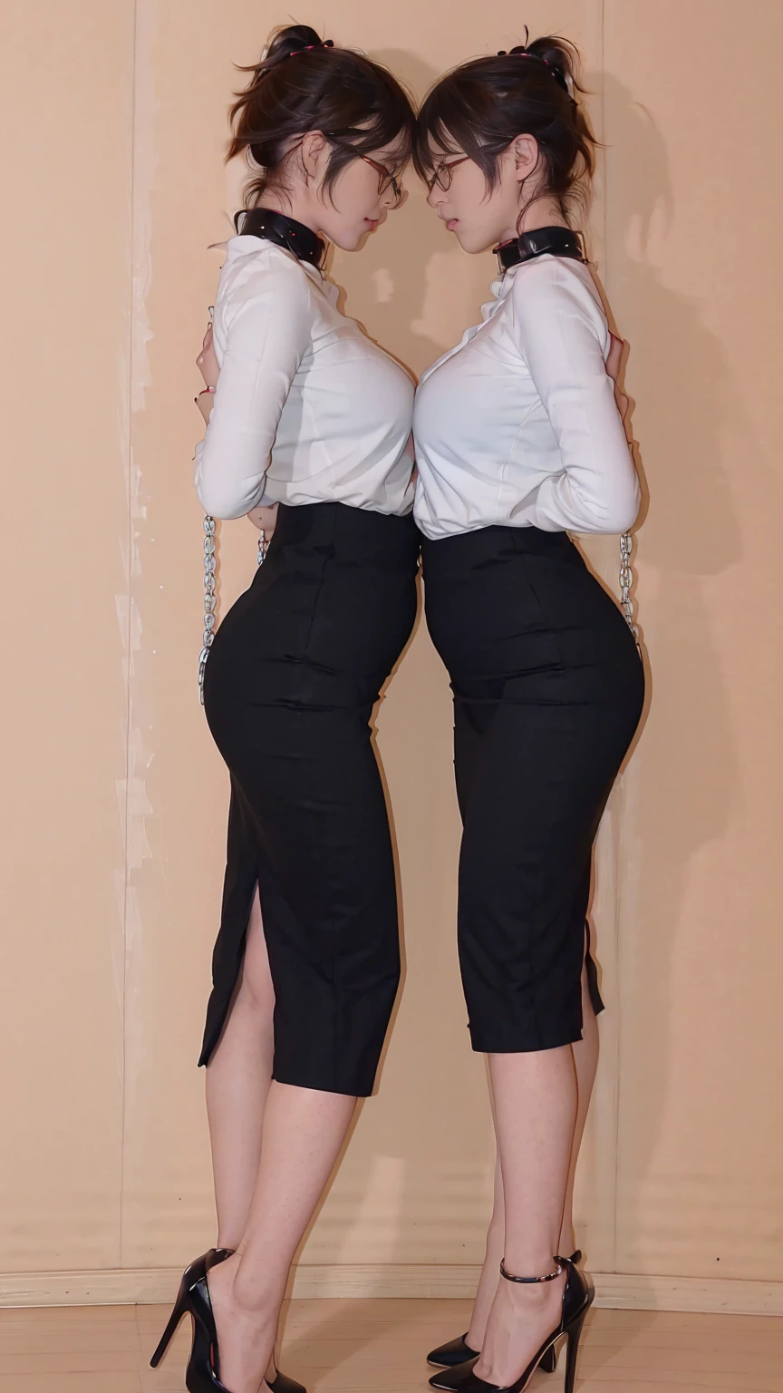 photorealistic,and sharp focus,Highly detailed, masterpiece, ultra-detailed, illustration, best quality,Full body,((2 girls)),stand face to face and close together,Full body,(kissed each other),((Their breasts were squeezed together and deformed)),bangs, glasses, (1 girl bun),((other girl high ponytail)),BDSM,blush,black collar,arms behind back,bondage,neck lock in a black collar,hands behind her back in an anti-prayer posture,wrist attached to her collar with a piece of chain , Large window, City view outside window, white shirt, breasts apart,jewelry, ((huge breasts)),Black long pencil skirt, black stiletto heels