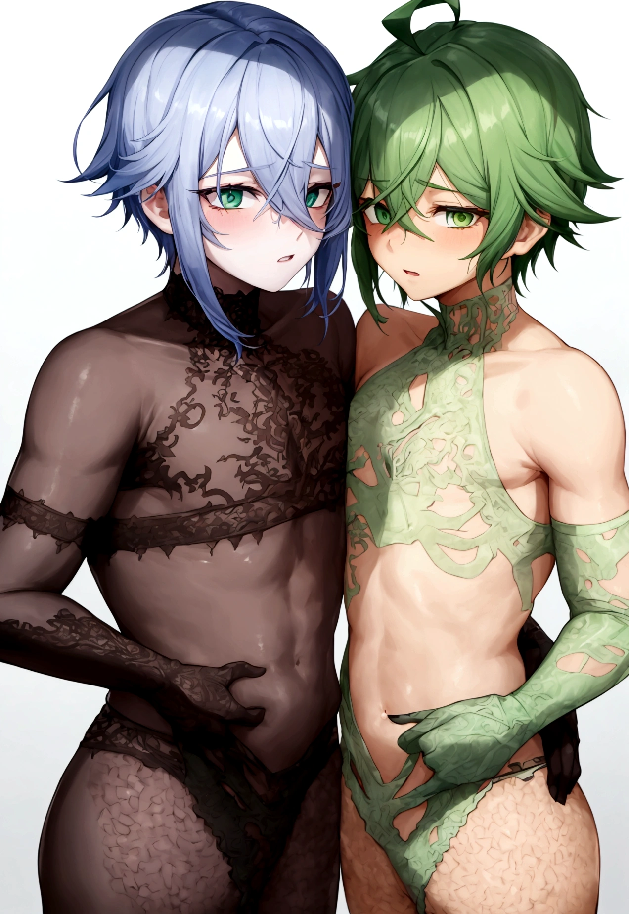 2 boys having coitus, one of them has a very palid skin and the other has green eyes