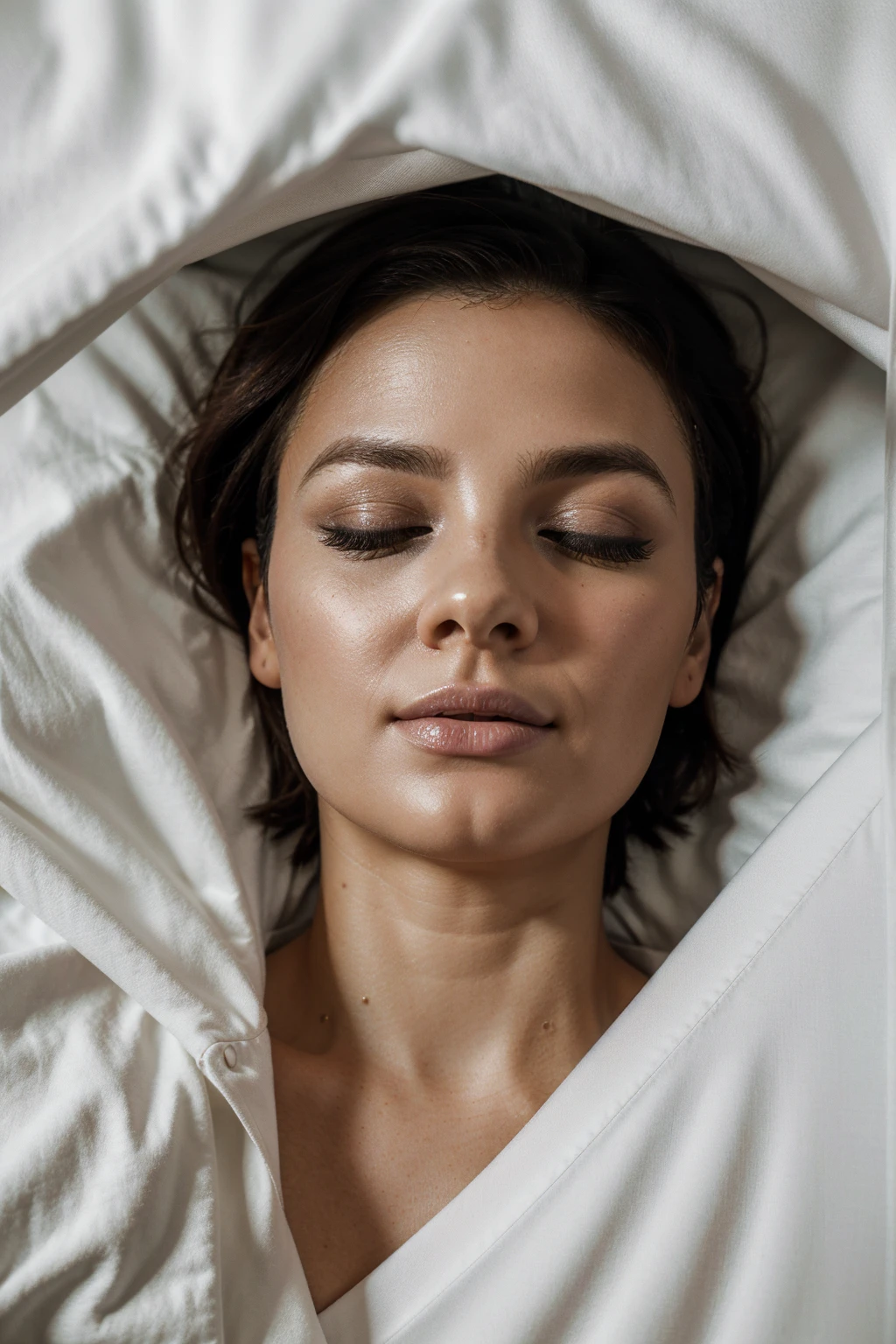 profile photo of a 34 years old Maltese woman sleeping horizontally in bed under bed covers, back turned from camera, early morning, cute, solo,beautiful detailed sky,detailed, (8k, RAW photo, best quality, masterpiece:1.2), (realistic, photo-realistic:1.37), ultra-detailed,(nose blush),(closed mouth), large aparture, professional lighting, Sony A7R4, Zessie 50mm F1.8, ,closed eyes,(bed covers:1.1),pleated,(short hair:1.2),floating hair, full body visible