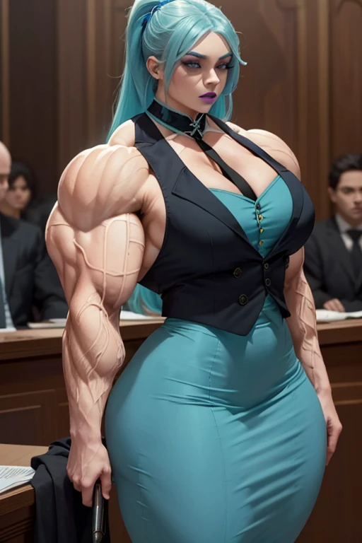 ((Massive, beautiful, buff, pale white skinned muscular woman with cyan hair, purple eyes, black lipstick, ginormous bulky muscles)), (((cyan three-piece suit))), necktie, blazer, (((cyan suit jacket))), (((waistcoat))), double-breasted waistcoat, (((pencil skirt))), ((pencil skirt)), tie clip, pocket square, pocket watch, pantyhose, high heels, (close view), massive muscles, hyper muscles, long beachy hair, in an courtroom,