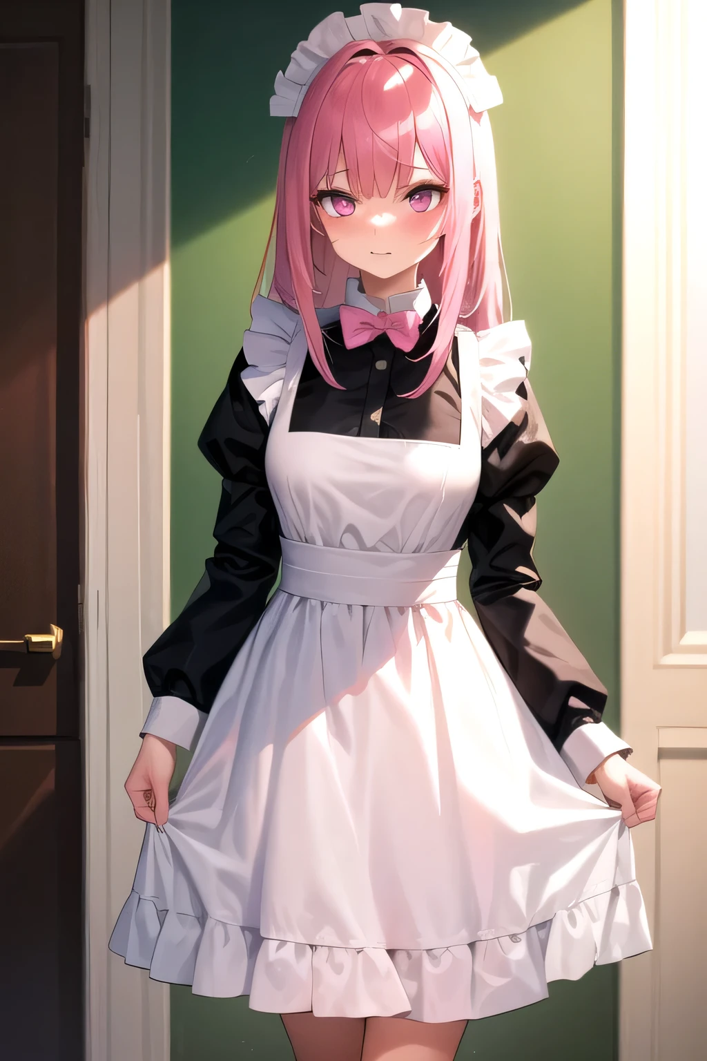This girl with long pink hair and pink eyes was wearing a maid outfit and showing off the clothes she was wearing while feeling embarrassed and salty.