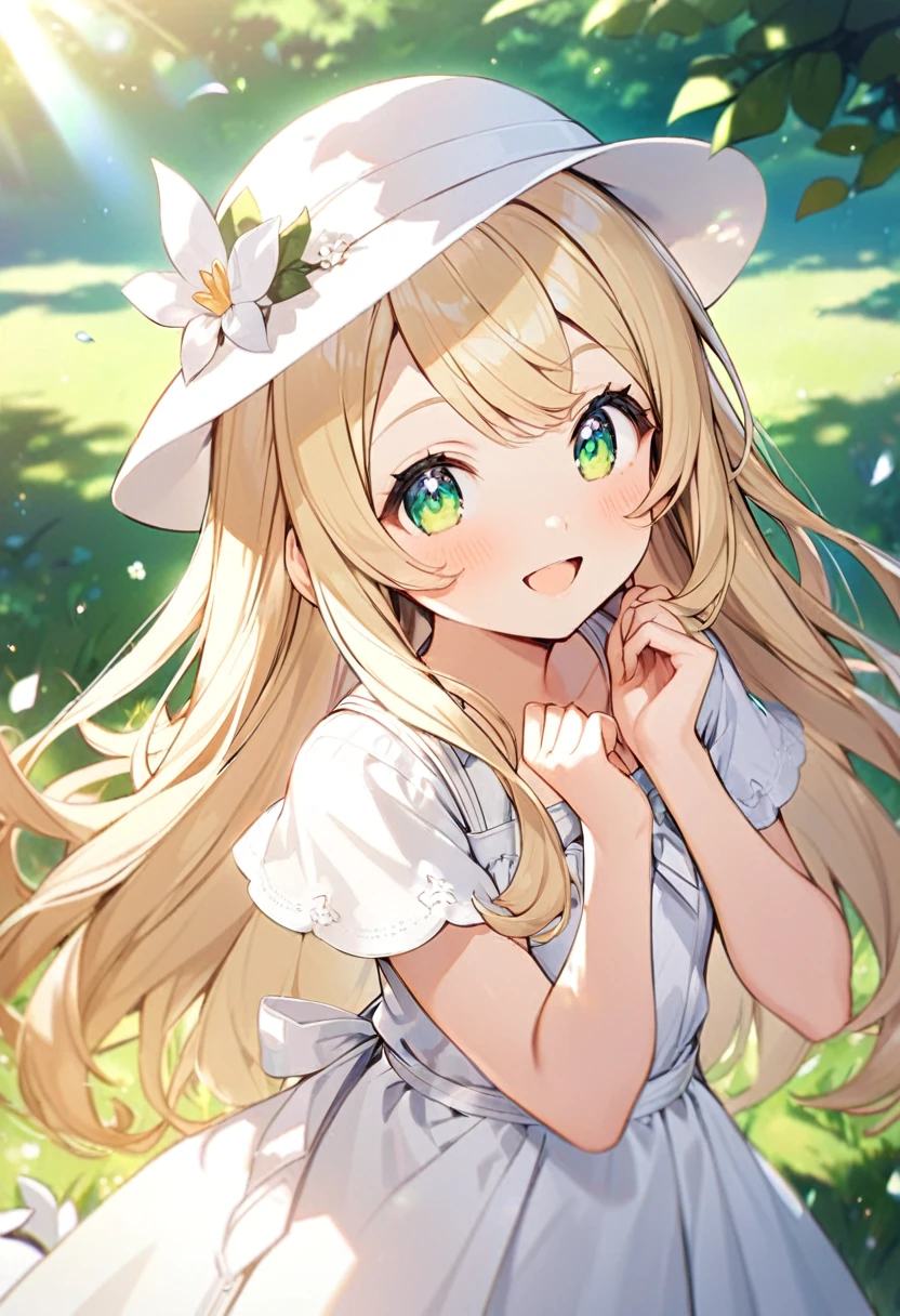```
1girl, blonde hair, long hair, green eyes, white hat, white dress, pokemon, lillie (pokemon), cute, smiling, outdoors, sunlight, high quality, detailed

```