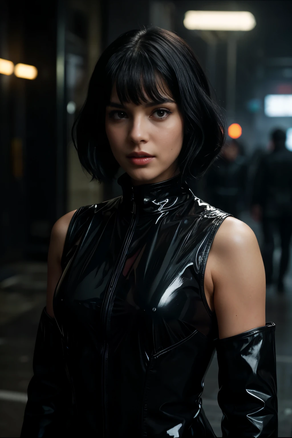 beautiful woman with black hair from the movie Bladerunner, whole body, black latex coat, it&#39;s night, city in the background with neon light, soft blur in background, backlight with lens flares, cinematic, gloomy light, misty, cinema poster, analog photo, hyper realist, focused, extremely details, unreal motor 5, cinematic, work of art, atmosphere, sheen, detailded, intricate, full of colour, cinematic lighting