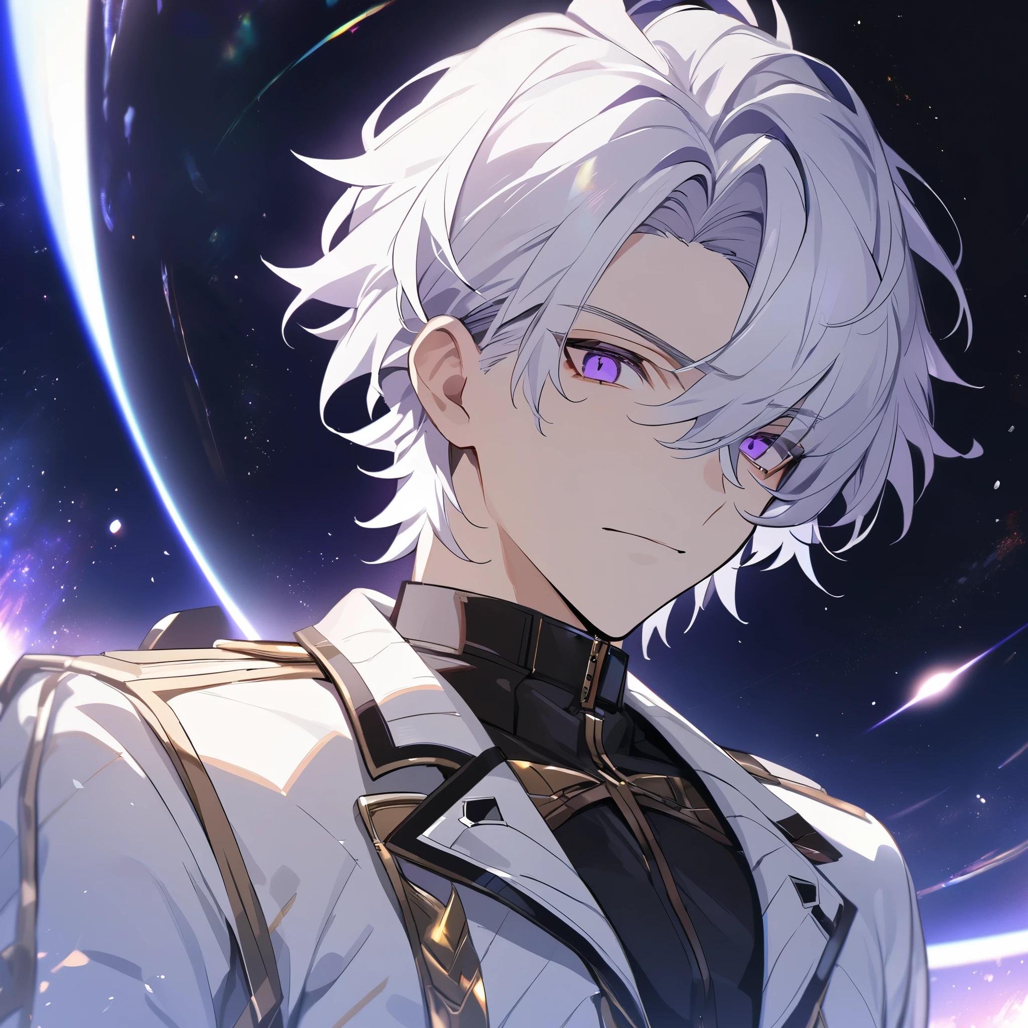 High quality, HD, 4k, no shadows, handsome male, 1male, 17 years old, teenager, golden lining, short white hair, sharp eyes, dark purple eyes, deep purple eyes, devil may cry, close up, calm expression, stoic expression, black leather clothes, white leather clothing, lean body, well trained body, upper body, looking at viewer, cowboy shot, white solar, space background
