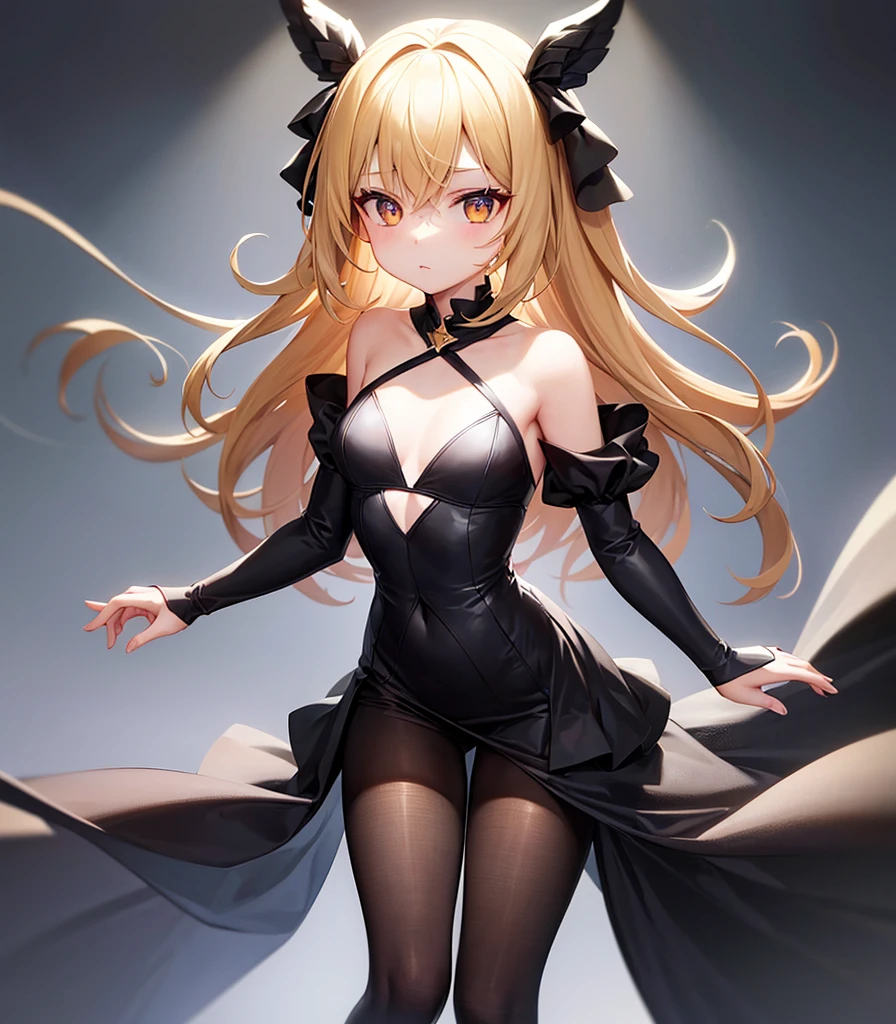 (((Black elegant dress))),(Revealing clothing),(In a naughty way),Cute little loli,Tiny Lori,Small girl,,Childish face, Very fine clean face,Top quality, Big eyes,Straight Hair,Yellow hair,Crimson Eye,(Dark Room), Subtle light, Natural light,Soft lighting,Light from directly behind, (Are standing), Cute pose, (Open your hands), Showing the whole body,Front view,Black background
