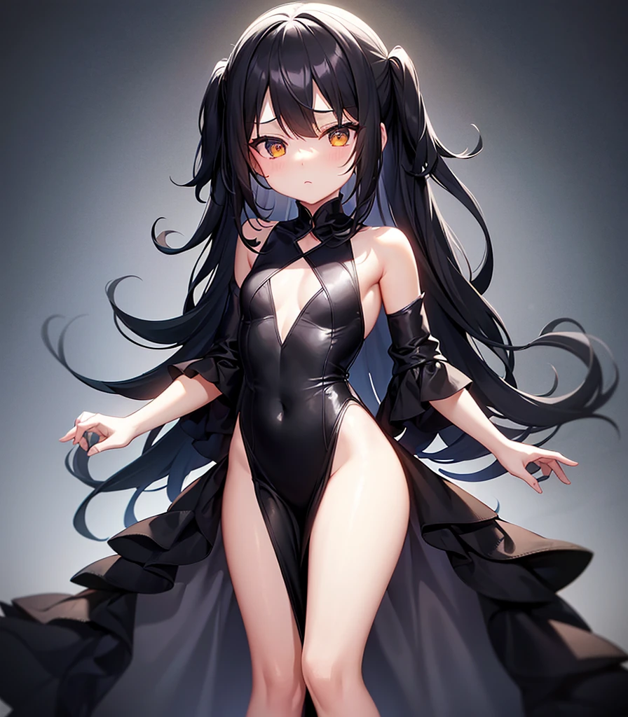 (((Black elegant dress))),(Revealing clothing),(In a naughty way),Cute little ,Tiny Lori,Small girl,,Childish face, Very fine clean face,Top quality, Big eyes,Straight Hair,Yellow hair,Crimson Eye,(Dark Room), Subtle light, Natural light,Soft lighting,Light from directly behind, (Are standing), Cute pose, (Open your hands), Showing the whole body,Front view,Black background