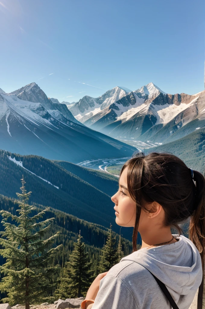 A girl looking at the mountains and adorning it
