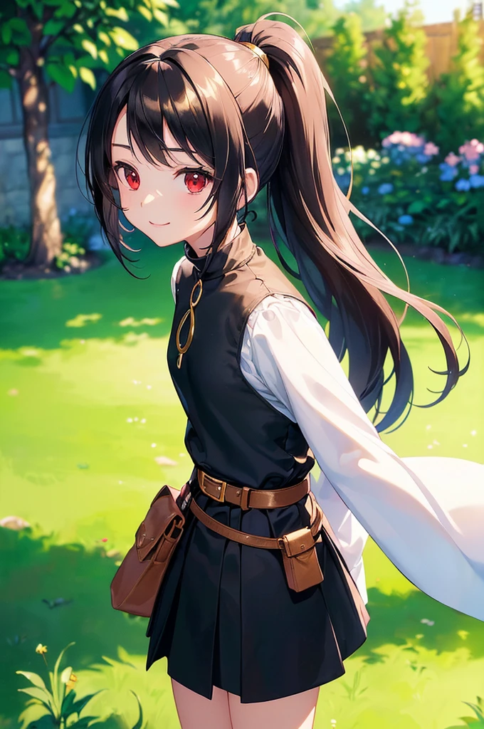 (masterpiece; best quality: 1.2), (finely detailed eyes: 1.3), ((10 year old female ???)), ((solo)), (red eyes: 1.4), (body; short, slender, small breasts: 1.3), (black hair in ponytail: 1.3), (beautiful and clear background: 1.2), ((depth of field)), (clothes: wanderer mage attire + white-and-gold wide-sleeve high-neck shirt + long black skirt + belts + traveler pouches and satchel: 1.3), (anime illustration: 1.2), (background; garden exterior: 1.1), (extremely fine and beautiful: 1.1), (shot composition; standing + centered on torso + close-up: 1.5), (expression; calm, smile: 1.2)