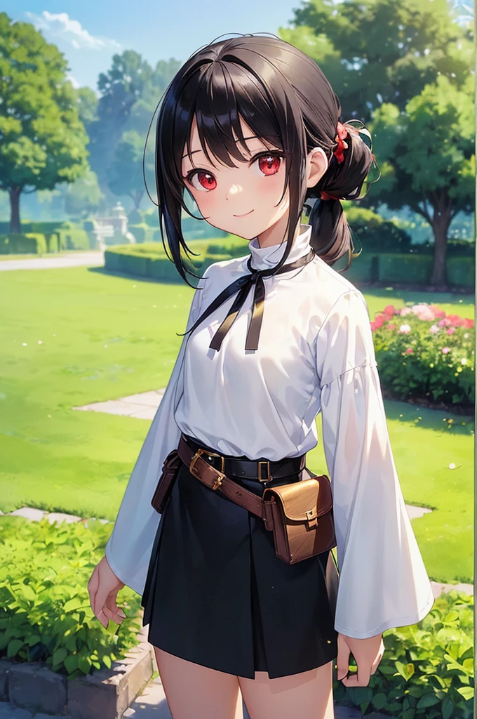 (masterpiece; best quality: 1.2), (finely detailed eyes: 1.3), ((10 year old female ???)), ((solo)), (red eyes: 1.4), (body; short, slender, small breasts: 1.3), (black hair in ponytail: 1.3), (beautiful and clear background: 1.2), ((depth of field)), (clothes: wanderer mage attire + white-and-gold wide-sleeve high-neck shirt + long black skirt + belts + traveler pouches and satchel: 1.3), (anime illustration: 1.2), (background; garden exterior: 1.1), (extremely fine and beautiful: 1.1), (shot composition; standing + centered on torso + close-up: 1.5), (expression; calm, smile: 1.2)