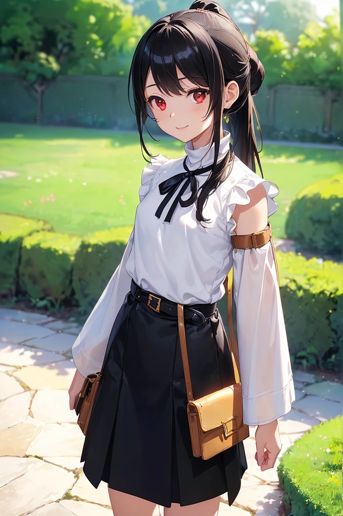 (masterpiece; best quality: 1.2), (finely detailed eyes: 1.3), ((10 year old female ???)), ((solo)), (red eyes: 1.4), (body; short, slender, small breasts: 1.3), (black hair in ponytail: 1.3), (beautiful and clear background: 1.2), ((depth of field)), (clothes: wanderer mage attire + white-and-gold wide-sleeve high-neck shirt + long black skirt + belts + traveler pouches and satchel: 1.3), (anime illustration: 1.2), (background; garden exterior: 1.1), (extremely fine and beautiful: 1.1), (shot composition; standing + centered on torso + close-up: 1.5), (expression; calm, smile: 1.2)