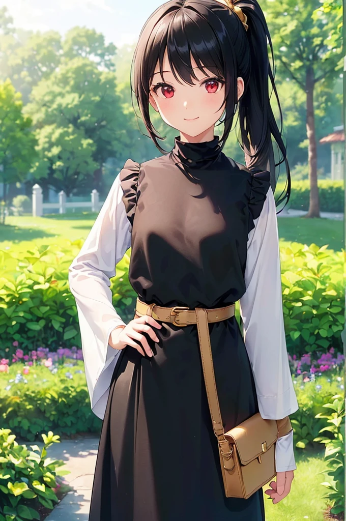 (masterpiece; best quality: 1.2), (finely detailed eyes: 1.3), ((10 year old female ???)), ((solo)), (red eyes: 1.4), (body; short, slender, small breasts: 1.3), (black hair in ponytail: 1.3), (beautiful and clear background: 1.2), ((depth of field)), (clothes: wanderer mage attire + white-and-gold wide-sleeve high-neck shirt + long black skirt + belts + traveler pouches and satchel: 1.3), (anime illustration: 1.2), (background; garden exterior: 1.1), (extremely fine and beautiful: 1.1), (shot composition; standing + centered on torso + close-up: 1.5), (expression; calm, smile: 1.2)