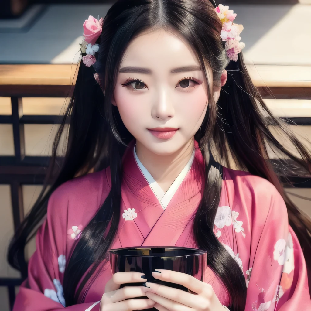 a beautiful woman in a kimono outfit with long black hair and pink eyes