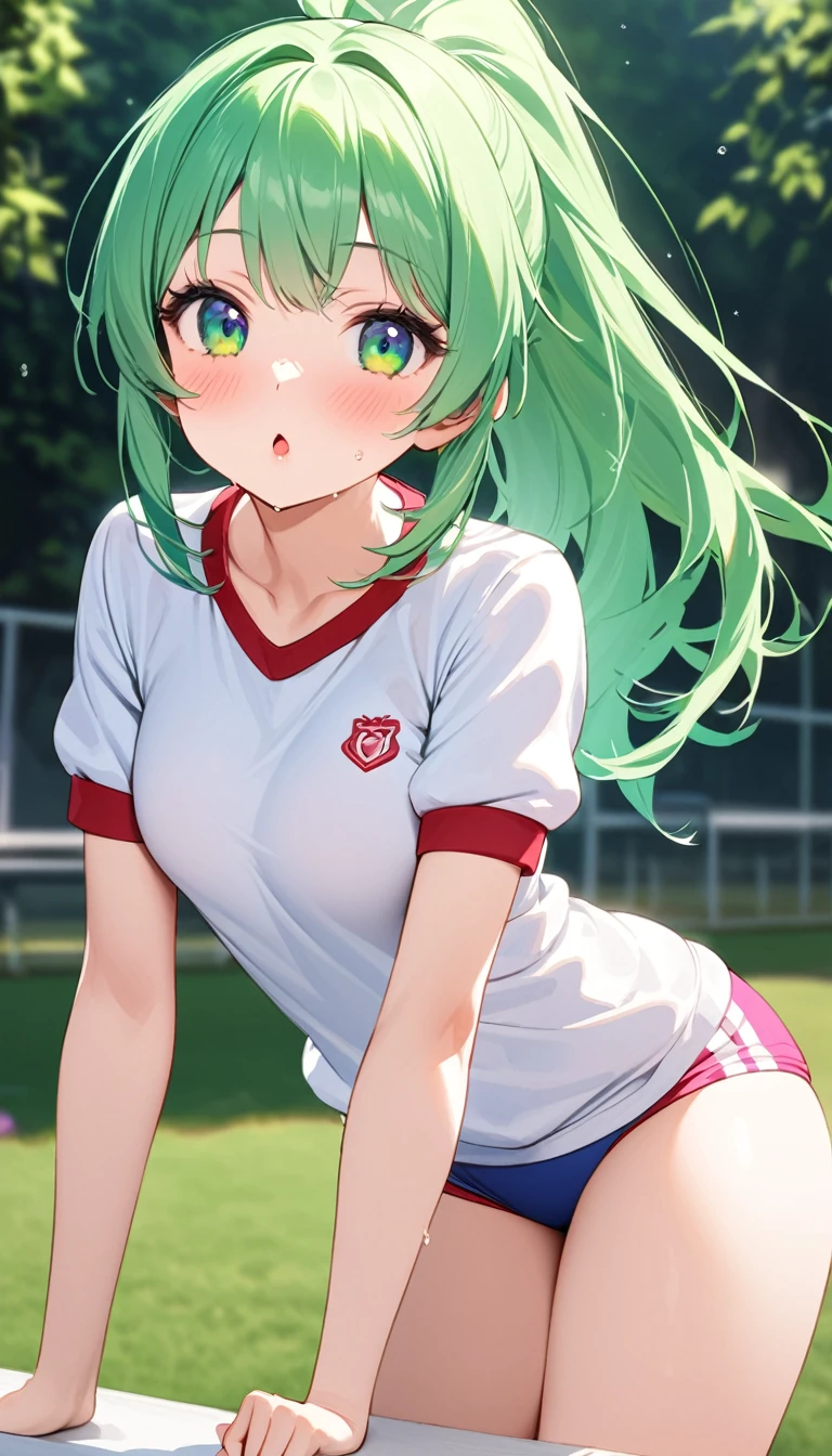masterpiece, highest quality, Super detailed, 1 girl,  Mion Sonozaki, green hair, green eyes, ponytail, surprise、blush、normal chest、white gym uniform、red bloomers:1.3、(
barefoot)、dark blue socks、big smile、
sit、M-shaped opening:1.3、I'm on my knees:1.3、
