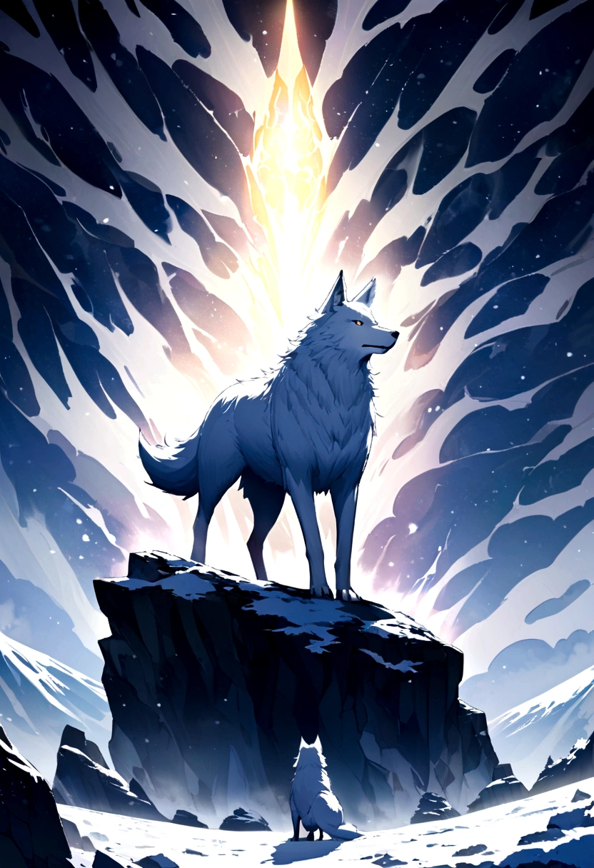 "Huge white wolf standing in a snowy landscape, Unleash an aura of beauty and power."Living on a rock、Moon background
