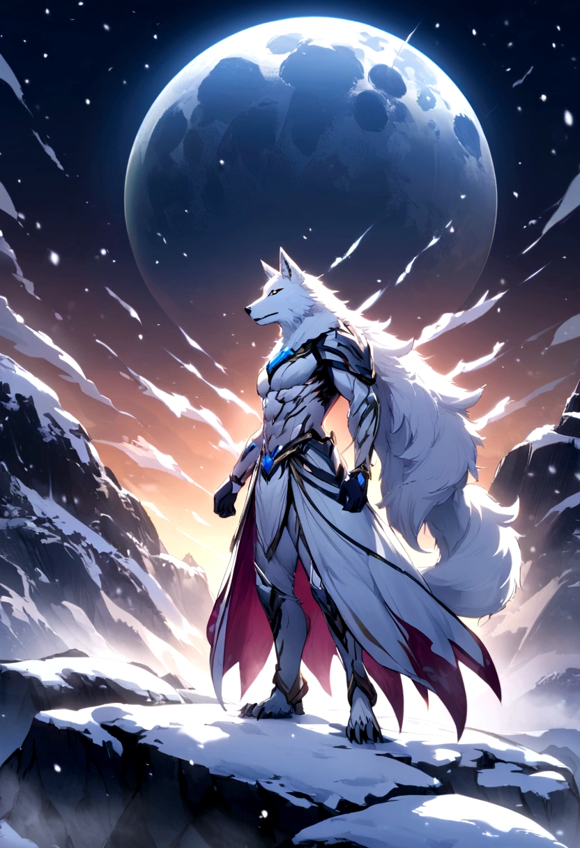 "Huge white wolf standing in a snowy landscape, Unleash an aura of beauty and power."Living on a rock、Moon background