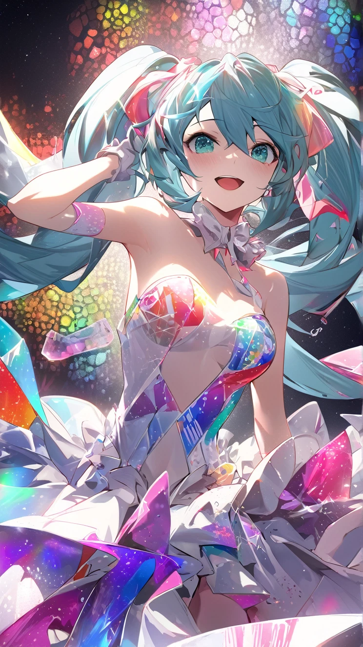 Hatsune Miku, capturing the essence of wind with liquid ink, caught in a vortex of pointillism, tracing multiple random spectrums of color, 4K concept art, extreme detail, wheels within wheels, luminous canvas, idol costume, dynamic, clear gloss focus, wheels within wheels detail to create perfect female face, gorgeous, top quality, masterpiece