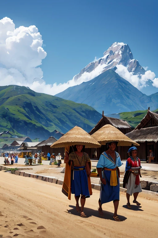 the background must be the mountain range reaching the coast, arriving at the beach, but let the mountains be seen, You can see a town with huts with thatched roofs and construction with cane, women dressed in typical indigenous clothing from the coast of Ecuador, The upper part of the clothing is that it covers the bust with rags and a tailcoat on the lower part carrying clay vessels as pots to carry water they carry it on their shoulders and you should see the men working dressed in typical indigenous clothing. the coast of ecuador in south america with only a loincloth at the bottom and a tribal chief with clothes with gold work and jewelry that shows the entire group of people scattered in the image