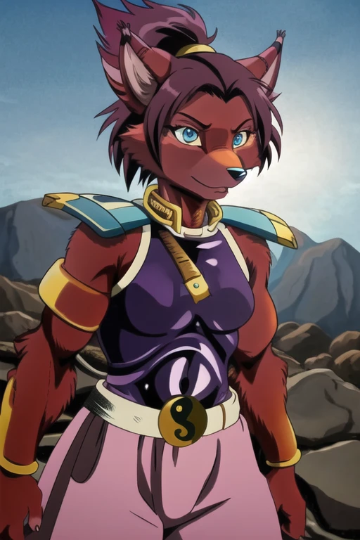 Ninjara_TMNT, fox, furry, solo, crimson fur, crimson body, ponytail, armor, yin yang ,yin yang belt, purple pants, shoulder pads, shoulder armor, steel bracelets, hair tie, blue eyes, best quality, masterpiece 