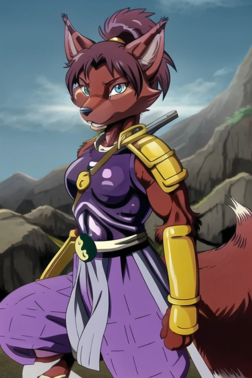 Ninjara_TMNT, fox, furry, solo, crimson fur, crimson body, ponytail, armor, yin yang ,yin yang belt, purple pants, shoulder pads, shoulder armor, steel bracelets, hair tie, blue eyes, best quality, masterpiece