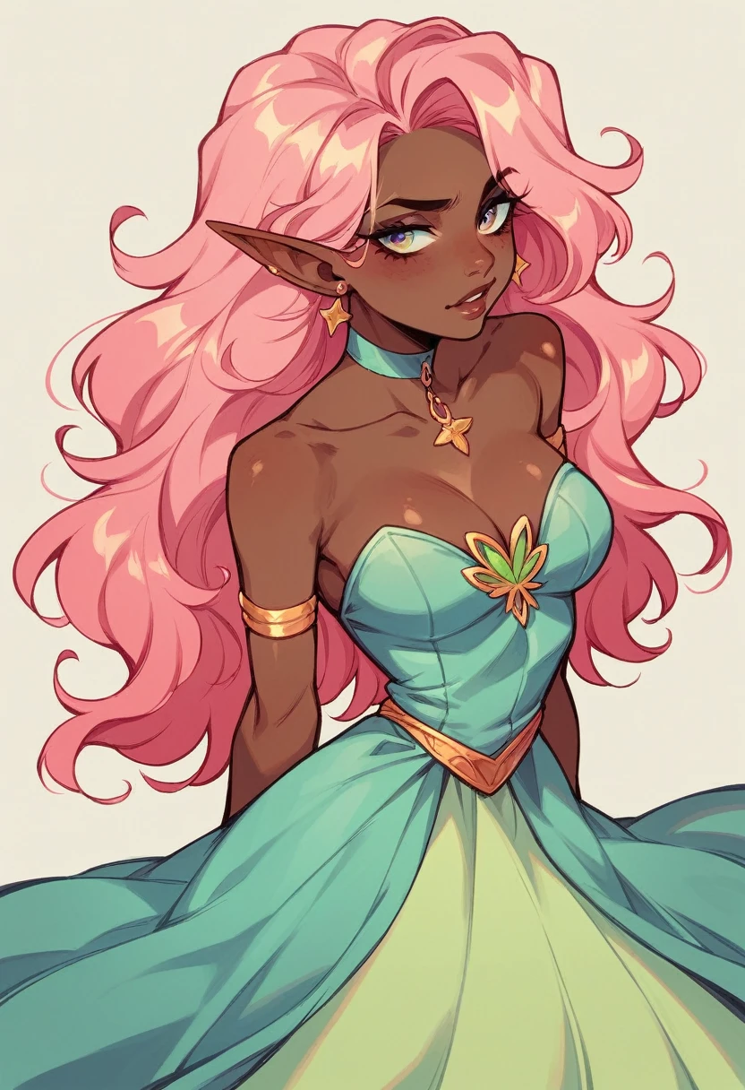 a girl with pink hair, dark complexion that is a fairy with a dress similar to the winx club