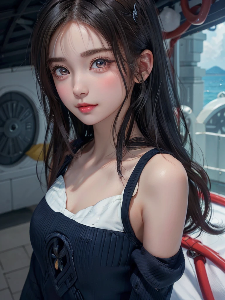 One Girl,(1人のとてもcute女の子:1.3),masterpiece,Highest quality,High resolution,Photorealistic,RAW Photos,Ray Tracing,beautiful girl,(:1.3),cute,Big eyes,(detailed pupils:1.2),(The face is facing straight ahead:1.3),Body facing forward,Beautiful nose,Fuller lips,Short black hair,ponytail,short hair,Detailed eyelashes,Thin eyebrows,Very fine grain definition,(Symmetrical eyes:1.3),(Face close-up,Face Focus:1.0),Small breasts,Short neck,,Sailor suit,The background is the sea,Southern Island,Blue sky,White cloud,Portrait,View Viewer,Upper Body,Cinema Lighting,High resolution,Very detailed