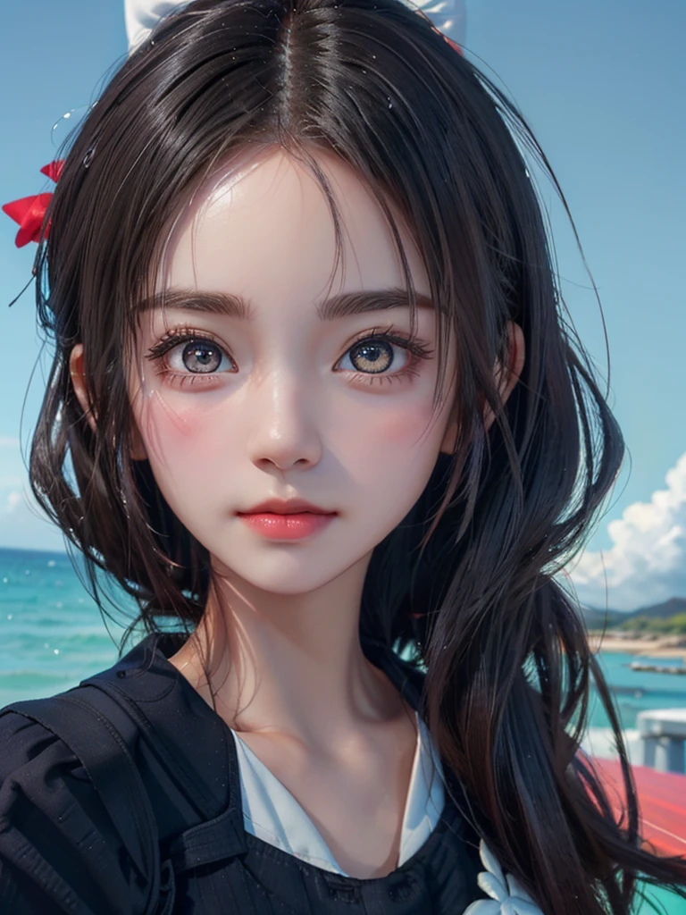One Girl,(1人のとてもcute女の子:1.3),masterpiece,Highest quality,High resolution,Photorealistic,RAW Photos,Ray Tracing,beautiful girl,(15 years old:1.3),cute,Big eyes,(detailed pupils:1.2),(The face is facing straight ahead:1.3),Body facing forward,Beautiful nose,Fuller lips,Short black hair,ponytail,short hair,Detailed eyelashes,Thin eyebrows,Very fine grain definition,(Symmetrical eyes:1.3),(Face close-up,Face Focus:1.0),Small breasts,Short neck,,Sailor suit,The background is the sea,Southern Island,Blue sky,White cloud,Portrait,View Viewer,Upper Body,Cinema Lighting,High resolution,Very detailed