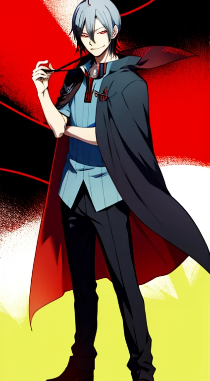 naoyadesu, Devil survivor, solo, masterpiece, best quality, looking at viewer, 1boy,  smirk, cape, shirt,