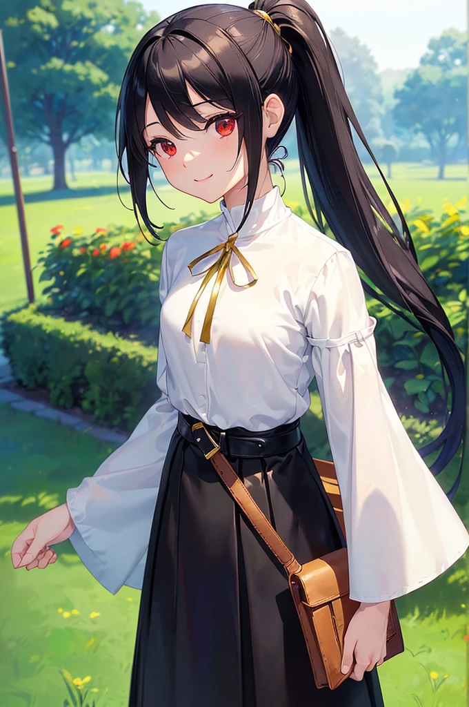 (masterpiece; best quality: 1.2), (finely detailed eyes: 1.3), ((10 year old female kid)), ((solo)), (red eyes: 1.4), (body; short, slender, small breasts: 1.3), (black hair in ponytail: 1.3), (beautiful and clear background: 1.2), ((depth of field)), (clothes: wanderer mage attire + white-and-gold wide-sleeve high-neck shirt + long black skirt + belts + traveler pouches and satchel: 1.3), (anime illustration: 1.2), (background; garden exterior: 1.1), (extremely fine and beautiful: 1.1), (shot composition; standing + centered on torso + close-up: 1.5), (expression; calm, smile: 1.2)