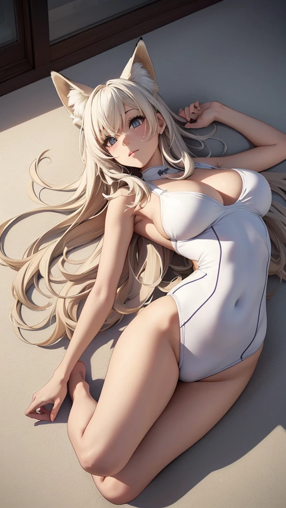 Hybrid of a woman and a fox, in white swimsuit, lying on the floor, na neve