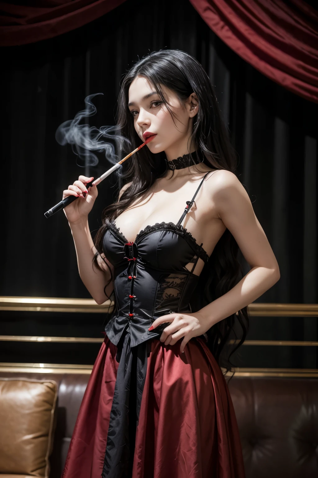 A full-length woman with long, wavy black hair in a red skirt with black roses, a black corselet and a cigarette in her hand, Maria do Cabaret 
