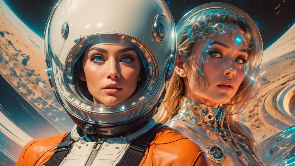 arafed image of a white woman in a futuristic suit with a spaceship in the background, movie art, in front of an orange background, inspired by Robert McGinnis, female protagonist, megastructure in the background, portrait of an ai astronaut, astronauts, an astronaut, portrait of a astronaut skeletor, perfect android girl, detailed eyes, perfectly detailed teeth, frank franzzeta and sakimichan