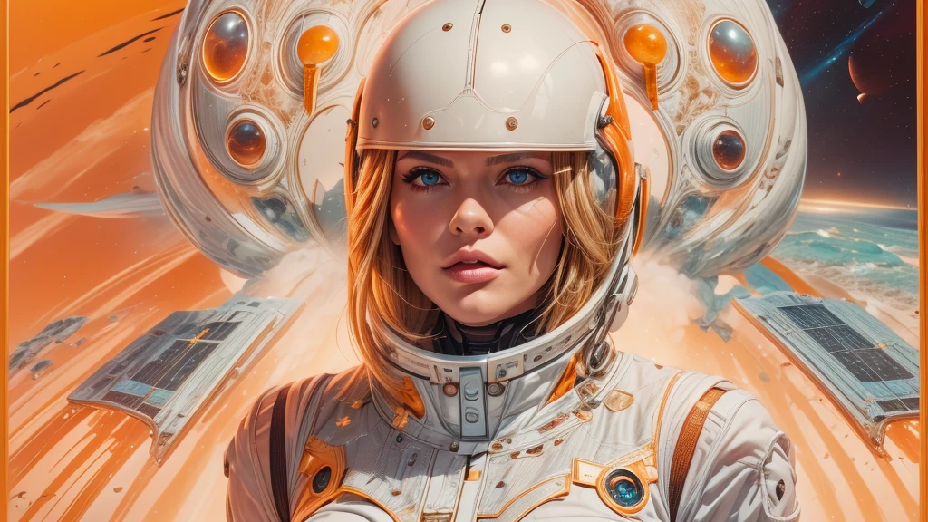 arafed image of a white woman in a futuristic suit with a spaceship in the background, movie art, in front of an orange background, inspired by Robert McGinnis, female protagonist, megastructure in the background, portrait of an ai astronaut, astronauts, an astronaut, portrait of a astronaut skeletor, perfect android girl, detailed eyes, perfectly detailed teeth, frank franzzeta and sakimichan