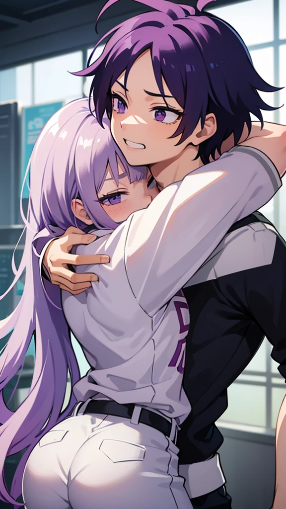 16 year old girl with white and purple wavy hair, hug from Bakugo from Boku No Hero Academia 