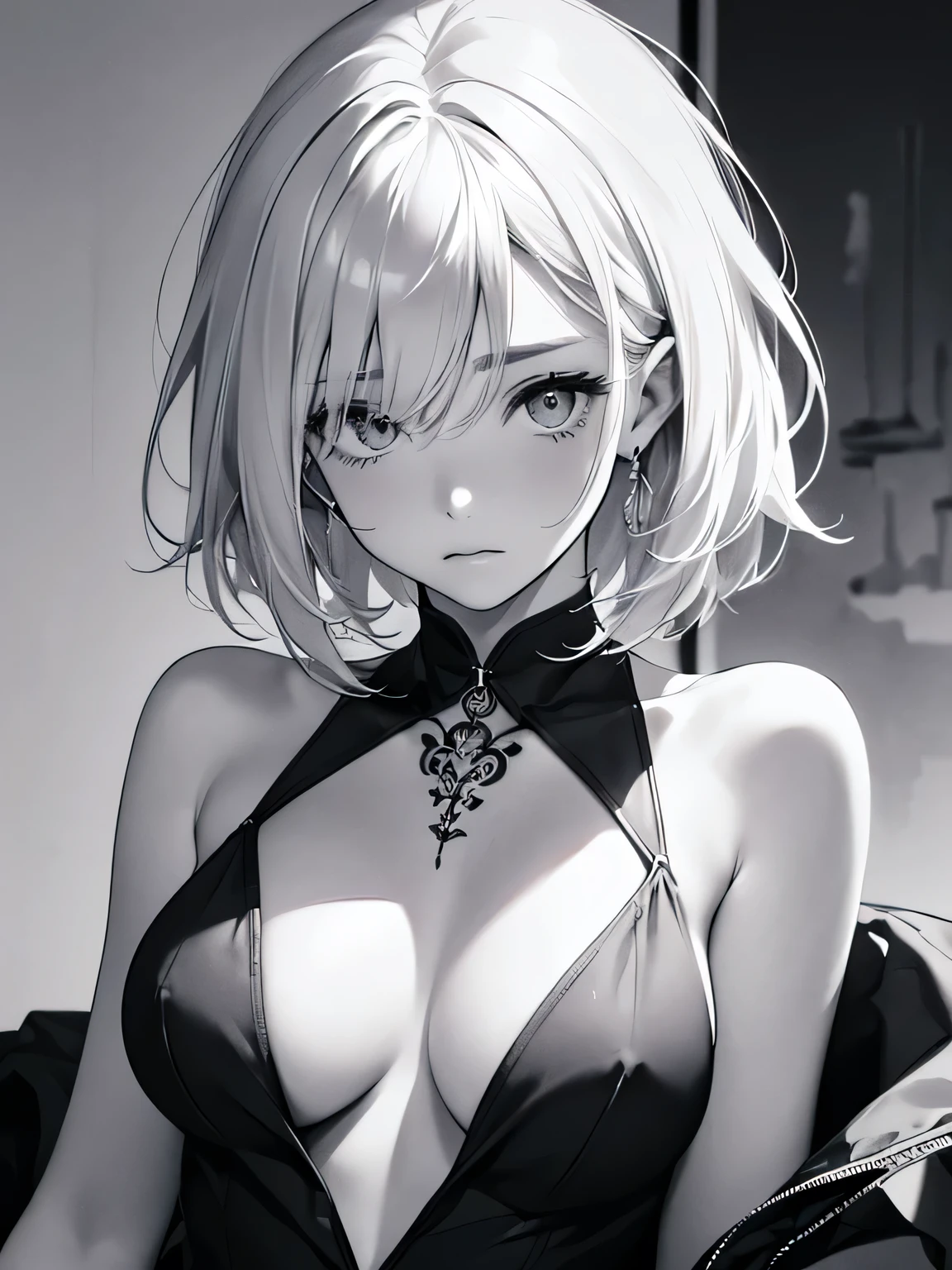 ((monochrome))(Image from chest up:1.4)((masterpiece:1.5,Highest quality,Beautiful images、Sketch、2.5D、Ink Painting、Abstract、Artistic、Portraiture))(1girl, solo)(medium breasts, white hair、bob hair、Beautiful cleavage、Exposing shoulders、Stylish tattoo on shoulder)(Profile Portrait,Gaze sideways、Gaze diagonally、Shake your head、A sad expression, floating hair)(Monotone artistic background)from behind